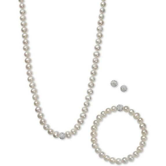 Cultured Freshwater Pearl Jewelry Set in Rhodium Plated Silver. Assembled in the U.S.A