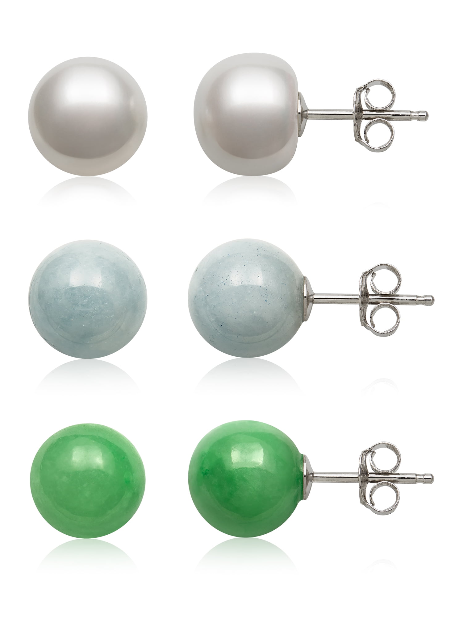 PEARLZZZ Cultured Freshwater Pearl, Natural Green Jade, and Natural Milky Aquamarine Stud Earring 3 Piece Set