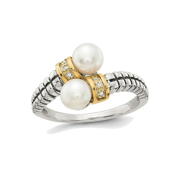 Cultured Freshwater Pearl Ring in Sterling Silver with 14K Gold Accents and Diamonds