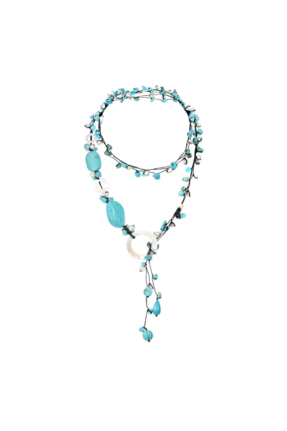 Cultured Freshwater Pearl Simulated Turquoise Mother of Pearl On Cotton Wax Rope Wrap Around Necklace