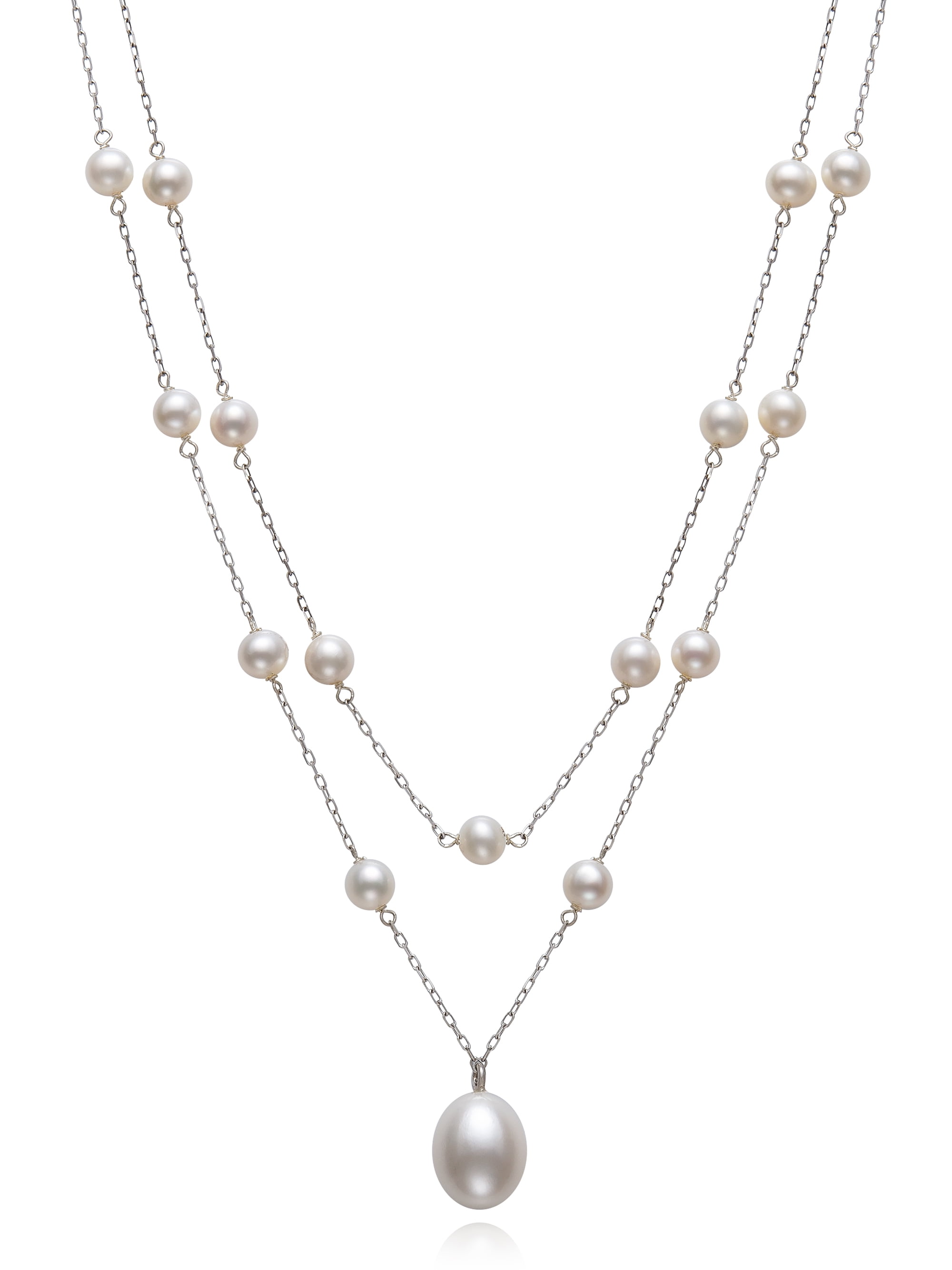 PEARLZZZ Cultured Freshwater Pearl Sterling Silver Double Row Station Necklace