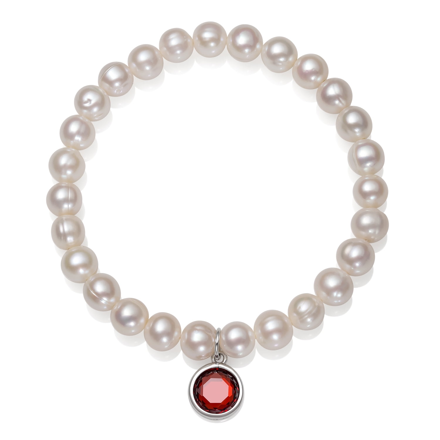 Cultured Freshwater Pearl and January Birthstone Cz Charm Bracelet, 7.5"