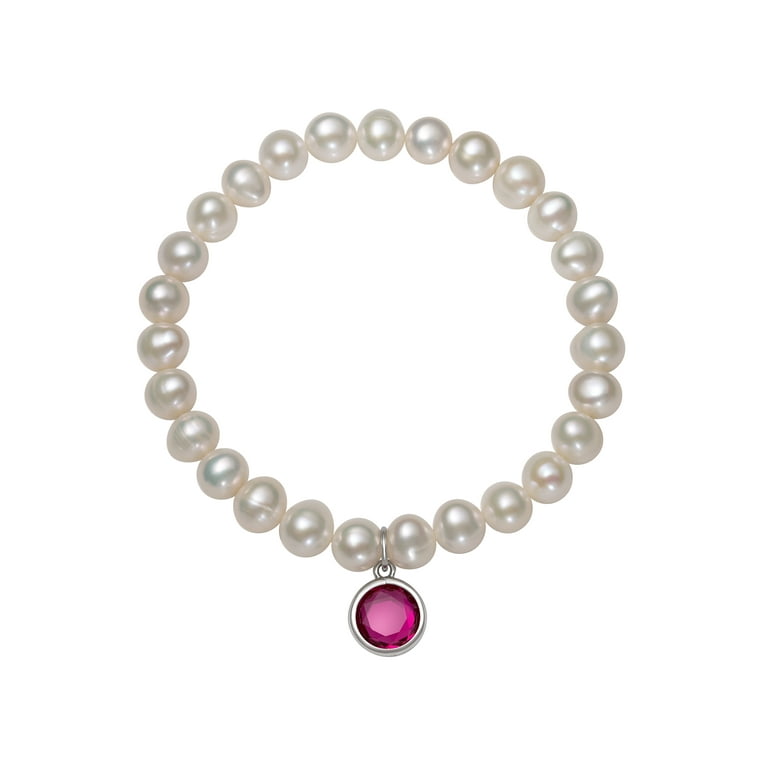 Pink and Green Cubic Zirconia CZ and Cultured Freshwater Pearl Charm Bracelet Sterling Silver Pink and Green Cubic Zirconia CZ and Cultured Freshwater Pearl Charm Bracelet Sterling Silver