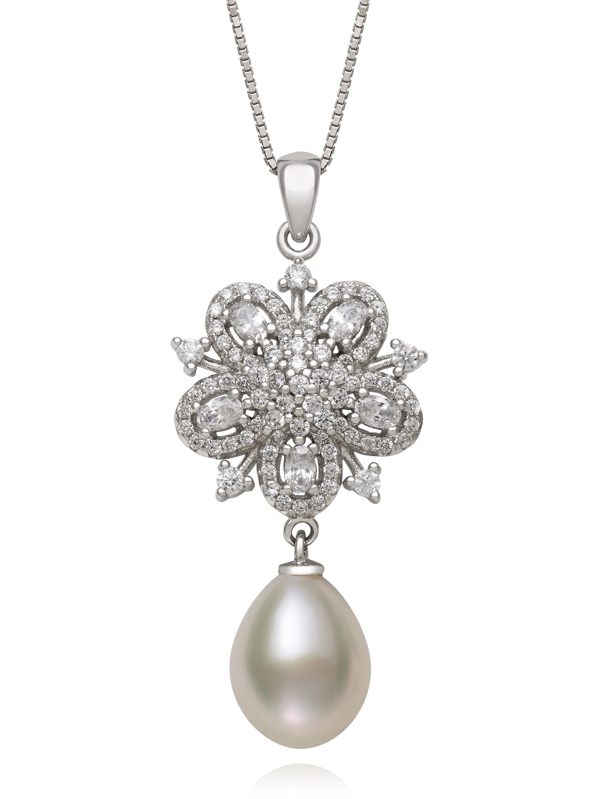 PEARLZZZ Cultured Freshwater Pearl and Cz Vintage Inspired Drop Pendant, 18