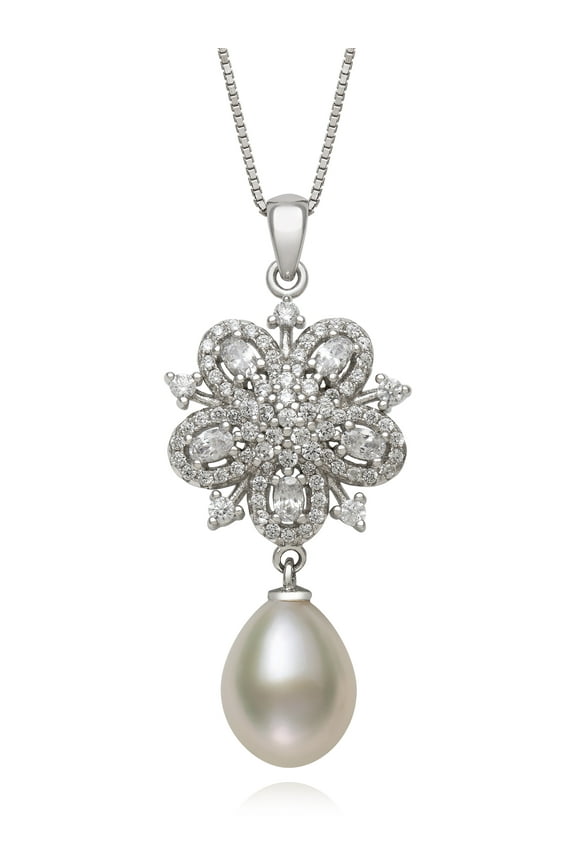Cultured Freshwater Pearl and Cz Vintage Inspired Drop Pendant, 18