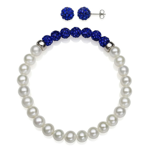 Cultured Freshwater Pearl and Dark Blue Crystal Bead Stretch Bracelet Stud Earring Set, 7.5"