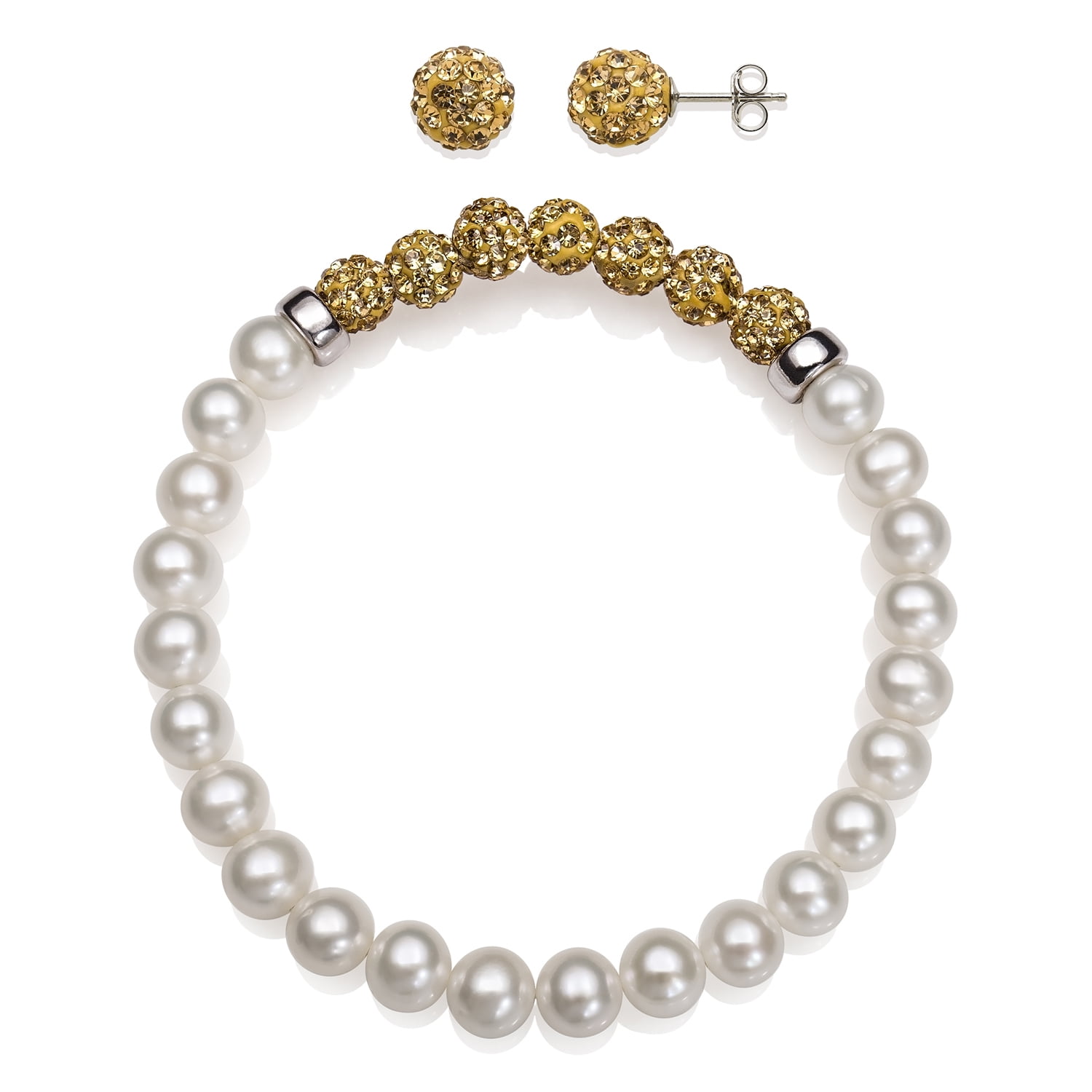 Cultured Freshwater Pearl and White Crystal Bead Stretch Bracelet