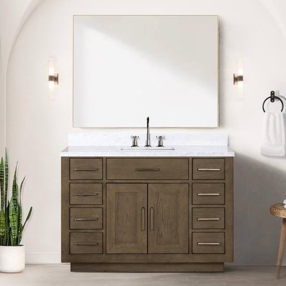 Cultured Marble Top 48 In. W X 22 D Bath Vanity - Grey Oak, Solid Wood Frame, Sheets, Soft Close, Fully Assembled Unit Oak Bathroom With Marble-like Slab Structure, Panels,