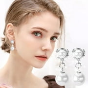 BVGFSAHNE Cultured Pearl Earrings And Ear Clips For Women Silver Dangle Earring With Zirconia (Earrings)