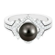 ARISHA JEWELS Cultured Tahitian Pearl Ring for Women with Moissanite, Vintage Inspired Ring, 925 Sterling Silver, US 4.00