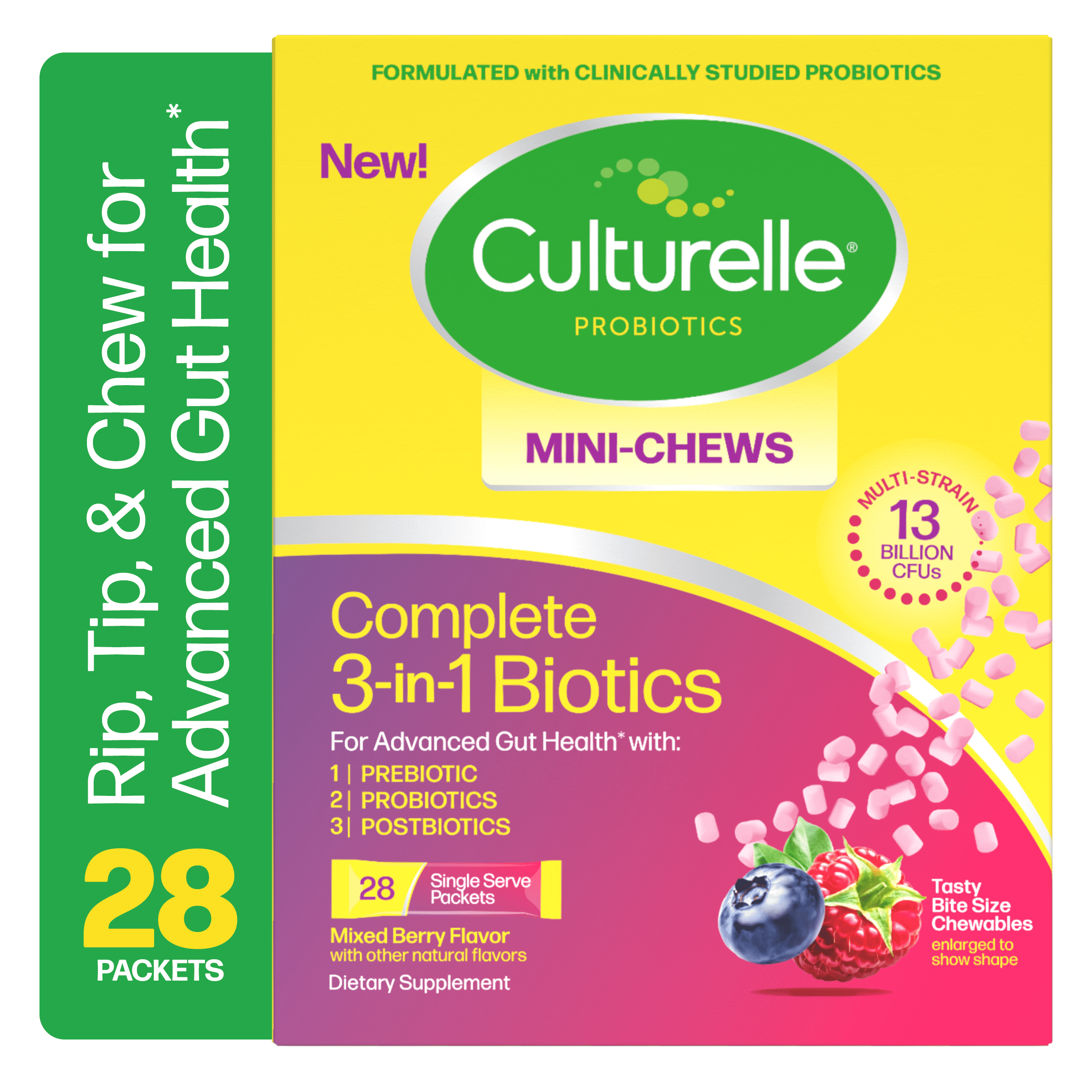 Culturelle Probiotics Complete 3-in-1 Biotics Mini Chews Daily Supplement, Supports Digestive Health with Prebiotics and Postbiotics for Gut Balance, Mixed Berry Flavor, 28 Count