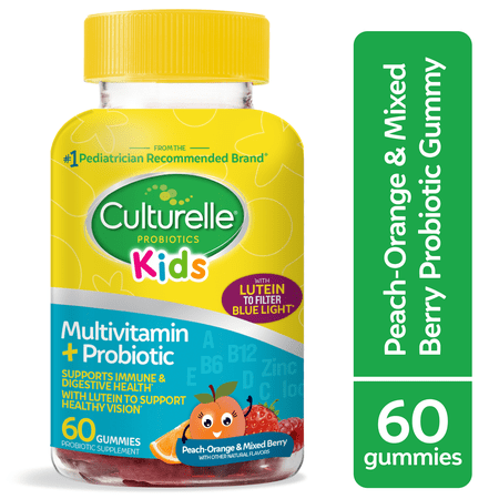Culturelle Probiotics Kids Multivitamin + Probiotic Daily Gummies Supplement, Immunity & Digestion Support for Children, Made with Lutein, Peach-Orange & Mixed Berry Flavor, 60 Count