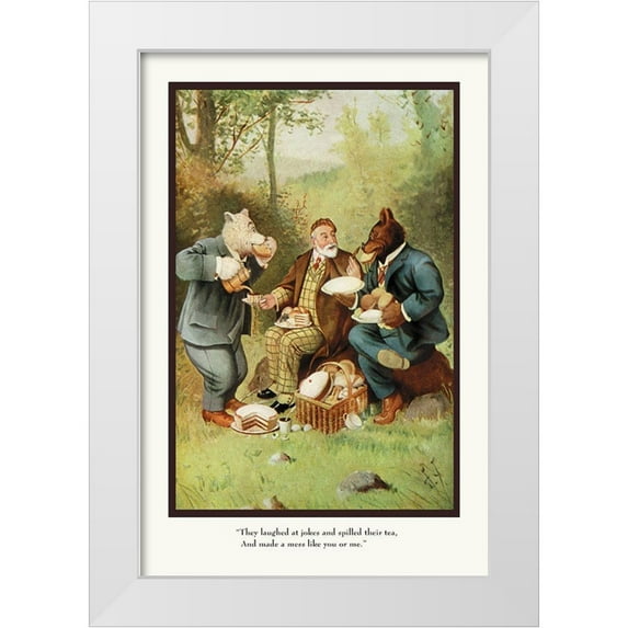 Culver, R.K. 23x32 White Modern Wood Framed Museum Art Print Titled - Teddy Roosevelts Bears: Teddy B and Teddy G at a Picnic