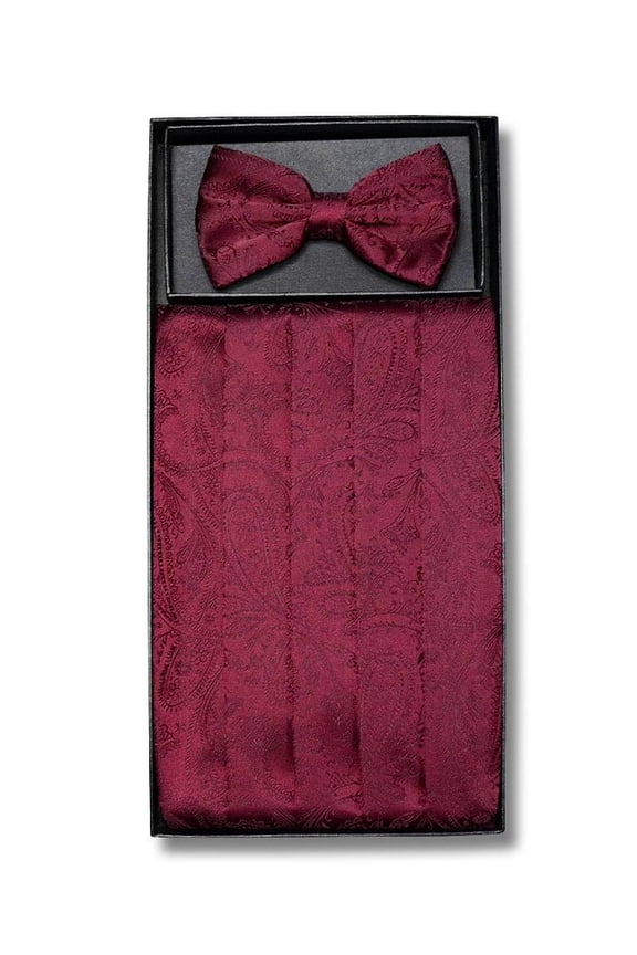 Cumberbund & BowTie BURGUNDY PAISLEY Design Mens Cummerbund Bow Tie Set