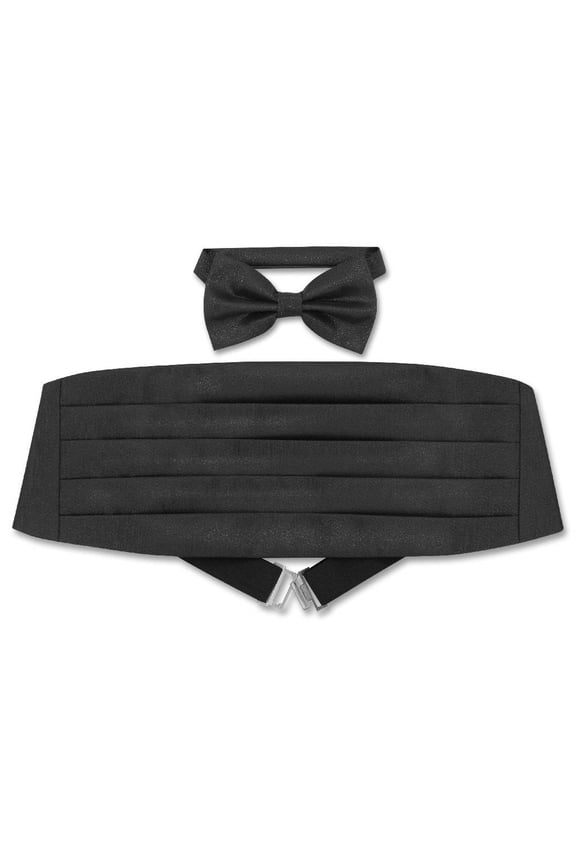 Cumberbund & BowTie Solid BLACK Color METALLIC Design Men's Cummerbund Bow Tie Set