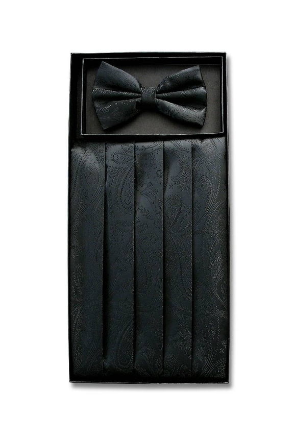Cumberbund & BowTie Solid BLACK PAISLEY Color Men's Cummerbund Bow Tie Set