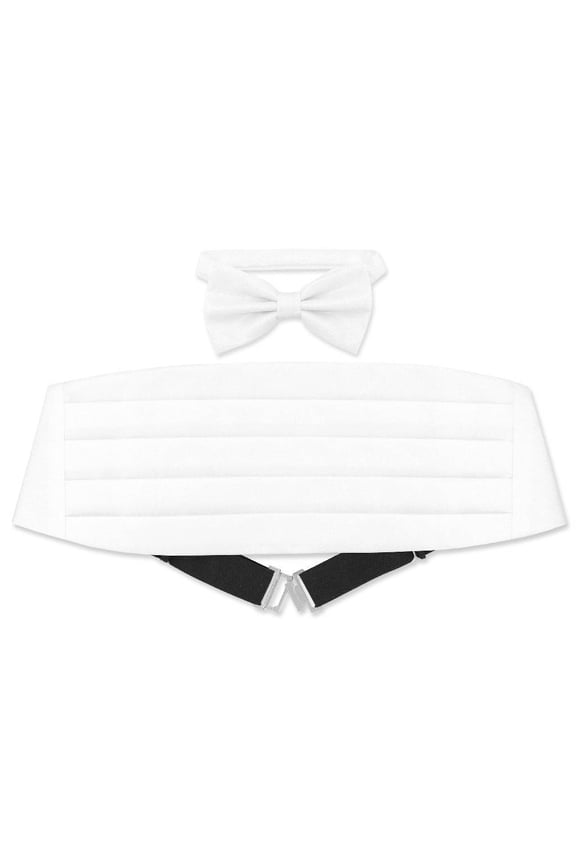 Cumberbund & BowTie Solid WHITE Color METALLIC Design Men's Cummerbund Bow Tie Set