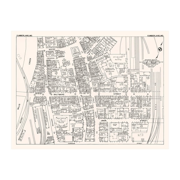 Cumberland Art, 1947 Vintage Map of Downtown Cumberland Maryland, MD History Wall Decor Gift, Old Cumberland Map - 24" x 18" Unframed Print