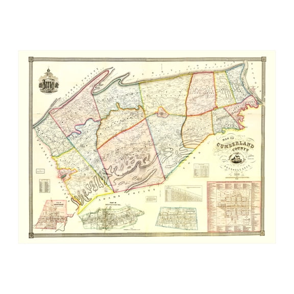 Cumberland County Pennsylvania Art, 1858 Vintage Map of Cumberland County PA History Wall Decor Gift, Old Cumberland County PA Map - 36" x 24" Unframed Print