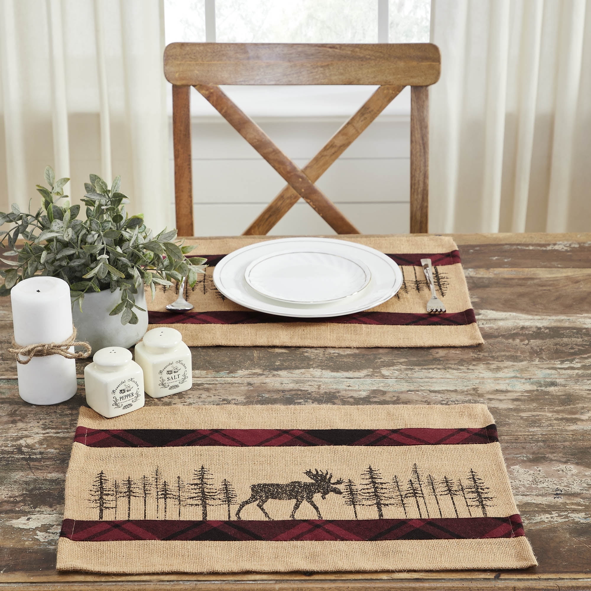 Cumberland Tan and Red Plaid Moose Cotton Placemats Set of 2