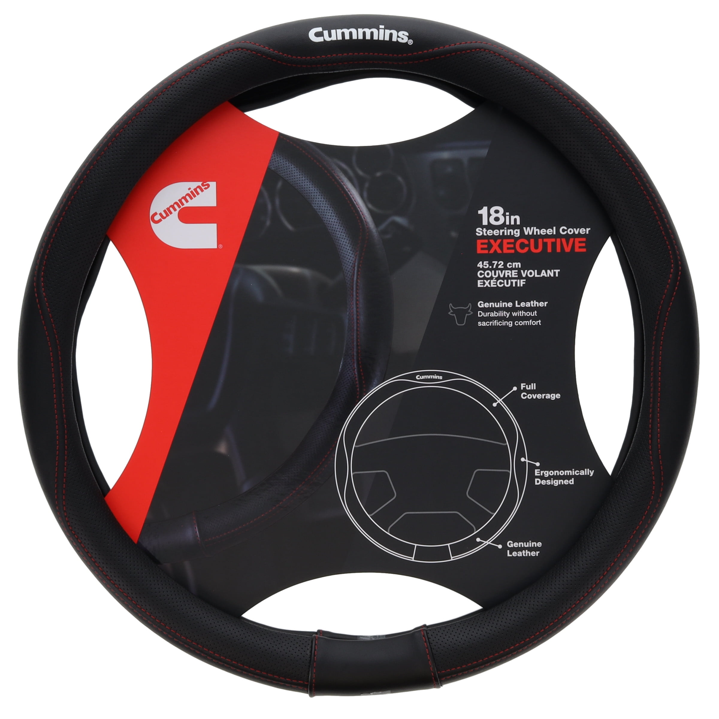 Cummins CMN35389 Executive 18 in. Steering Wheel Cover - Leather Semi Truck Interior Accessories for RV & Big Rig - Black with Red Stitching