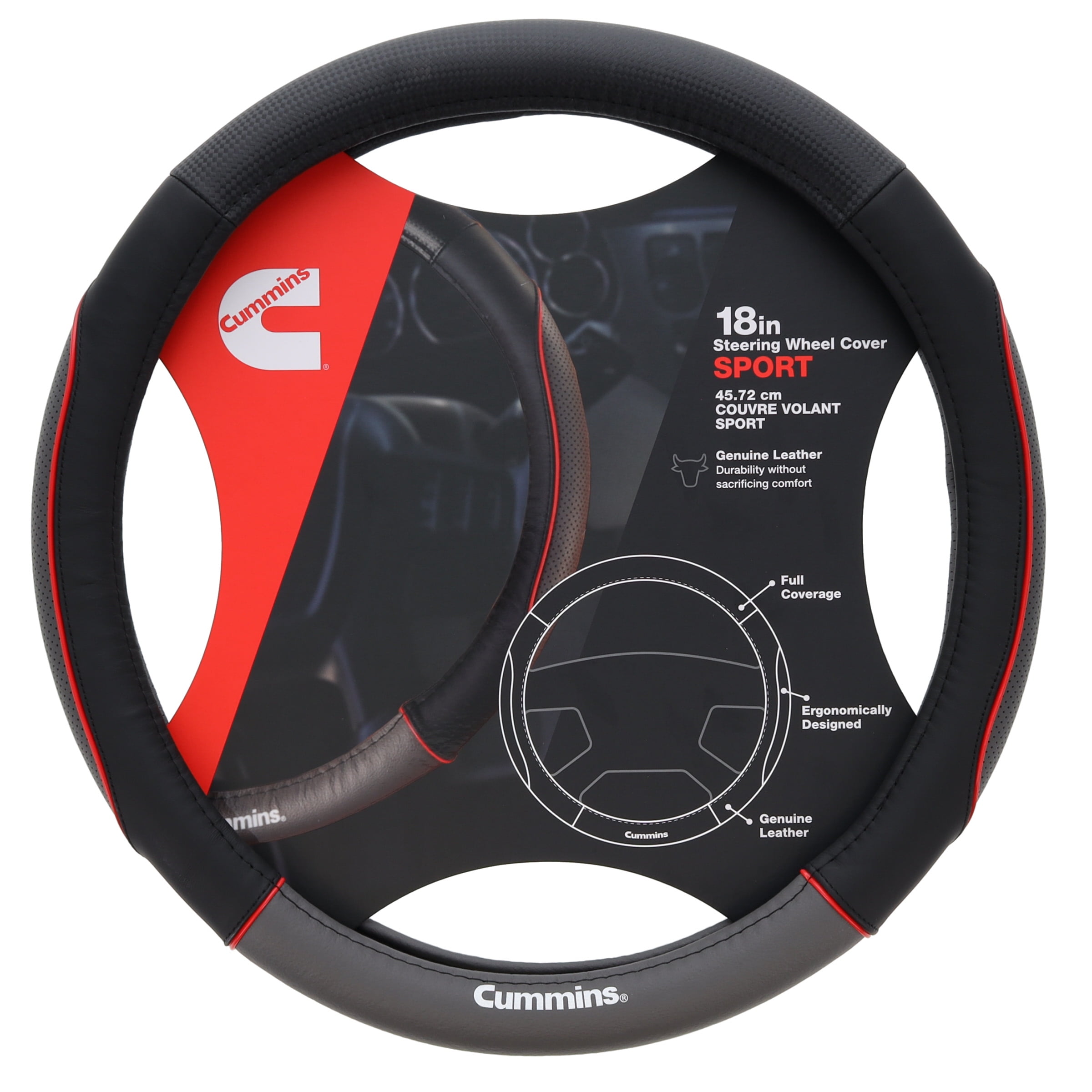 Cummins CMN35390 Sport 18-Inch Steering Wheel Cover Leather Semi Truck Interior Accessories for RV and Big Rig-Black and Red
