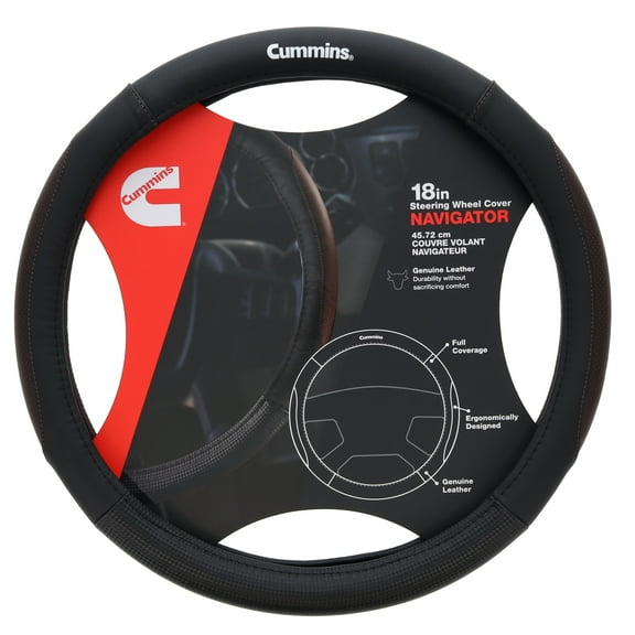 Cummins CMN35391 Navigator 18 in. Steering Wheel Cover - Leather Semi Truck Interior Accessories for RV & Big Rig - Black
