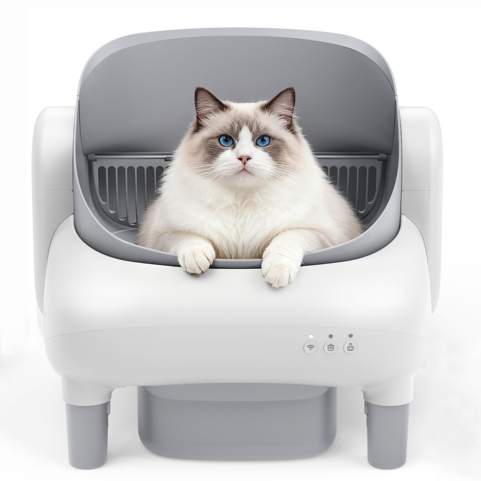 Self Cleaning Litter Box, 95 L Automatic Cat Litter Box Self Cleaning for Multiple Cats, with Safety Protection, App Control,1 Roll Garbage Bags,White & Grey
