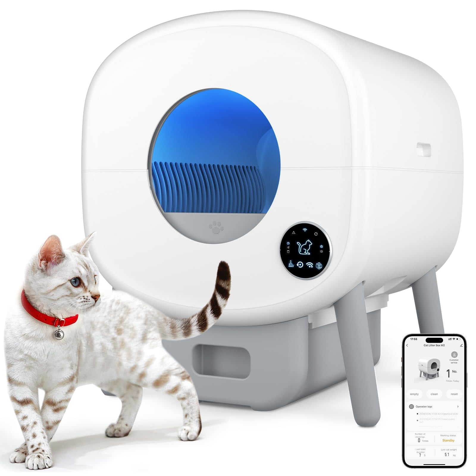 Self Cleaning Litter Box, 95 L Automatic Cat Litter Box Self Cleaning for Multiple Cats, with Safety Protection, App Control,1 Roll Garbage Bags,White & Grey - Walmart.com