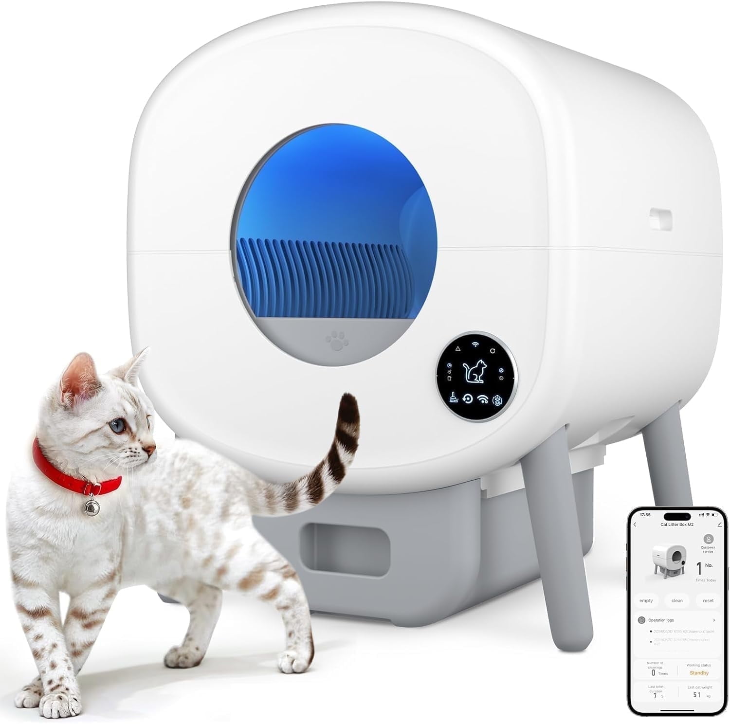 Self Cleaning Litter Box, 95 L Automatic Cat Litter Box Self Cleaning for Multiple Cats, with Safety Protection, App Control,1 Roll Garbage Bags,White \u0026 Grey