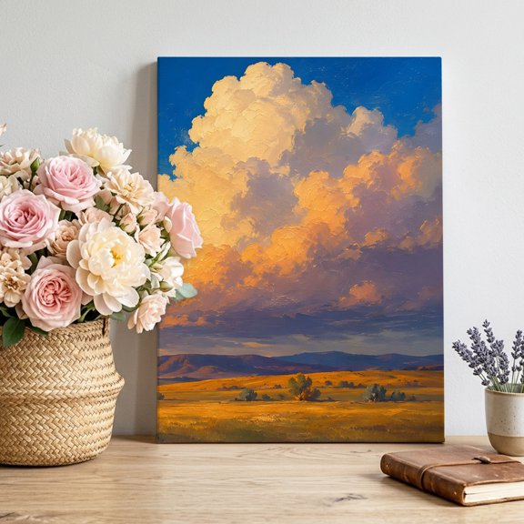Cumulus Cloud Canvas Wall Art, Rustic Country Golden Field Mountain Range Landscape Framed Canvas Wall Decor Picture Print Artwork Decorations for Living Room Office Ready to Hang 12"x8"