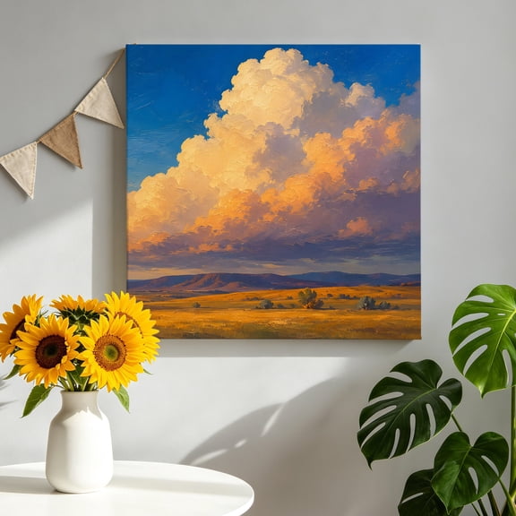 Cumulus Cloud Canvas Wall Art, Rustic Country Golden Field Mountain Range Landscape Framed Picture Canvas Wall Art Print Decor Artwork Decorations for Living Room Bedroom Ready to Hang 8" x 8"
