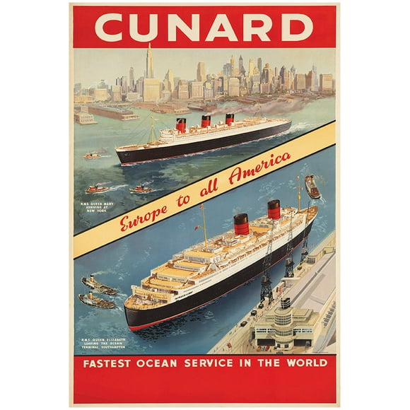 Cunard Cruise Line - Europe America 2 - Vintage Travel Poster (8x12Inches(US/CANonly))