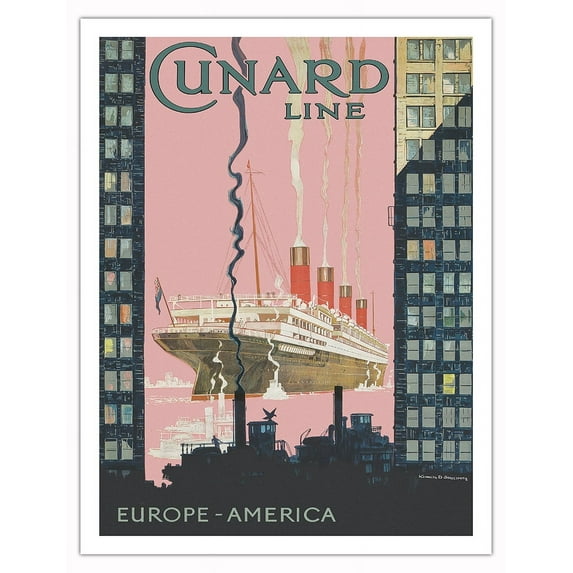 Cunard Line - Europe to America - S.S. Aquitania - Vintage Ocean Liner Travel Poster by Kenneth Shoesmith c.1925 - Fine Art Matte Paper Print (Unframed) 20x26in