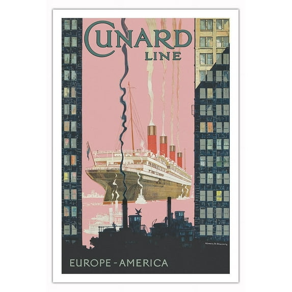 Cunard Line - Europe to America - S.S. Aquitania - Vintage Ocean Liner Travel Poster by Kenneth Shoesmith c.1925 - Fine Art Matte Paper Print (Unframed) 30x44in