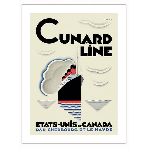 Cunard Line, United States and Canada (Etats Unis et Canada) - Vintage Ocean Liner Travel Poster c.1930 - Bamboo Fine Art 290gsm Paper Print (Unframed) 18x24in