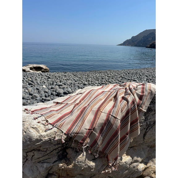 Red Striped Turkish Towel, Beige Linen Cotton Blanket Throw, Soft Beach Towel, Multicolor Striped Sarong, Linen Cotton Bath Towel