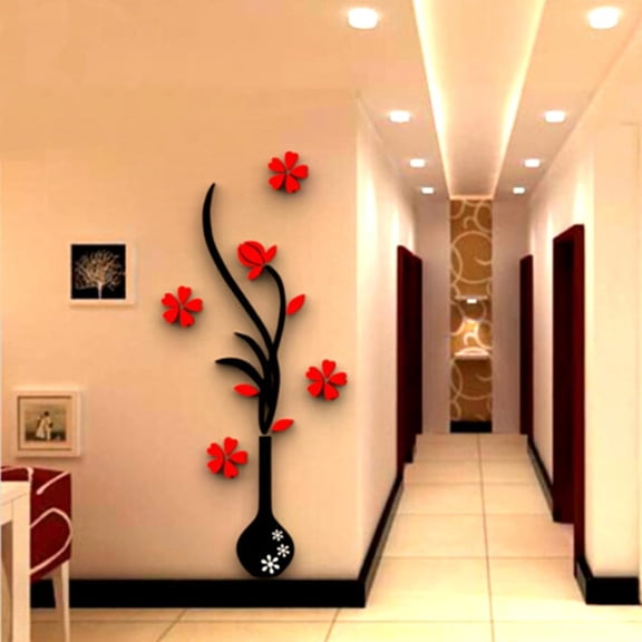 Cuoff 3D Red Flower Home Wall Decor for Living Room Bathroom and Hallway 3D Wall Stickers Decal & Murals Art Sticky Mirror for Design