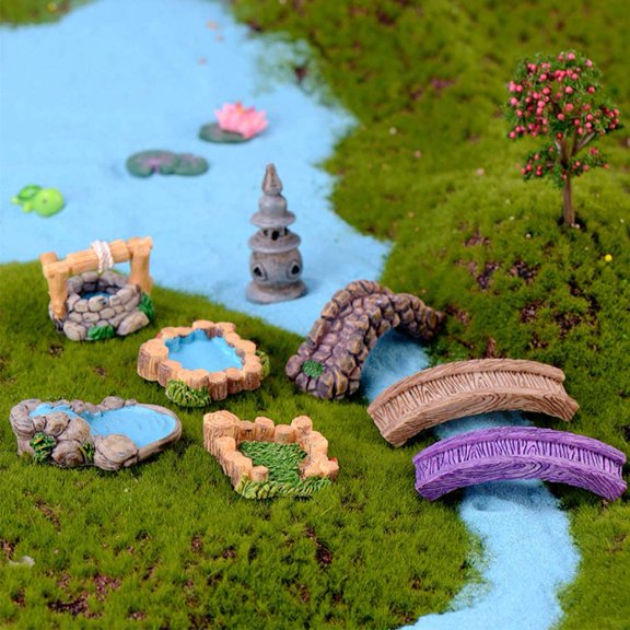 Cuoff 8 Pcs Mini Lighthouse Water Well Bridge Figurines Miniature Gardening Pool Lawn Running Water Terrarium Stone Bridge Figurine Micro Landscape Indoors Outdoors Decorative Accessory