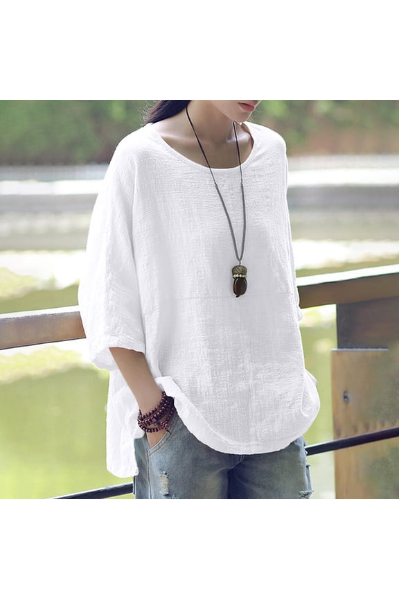 Cuoff Blouses for Women Casual Solid Color Loose Cotton Linen Medium Sleeve Large Size Womens Tops White 3X