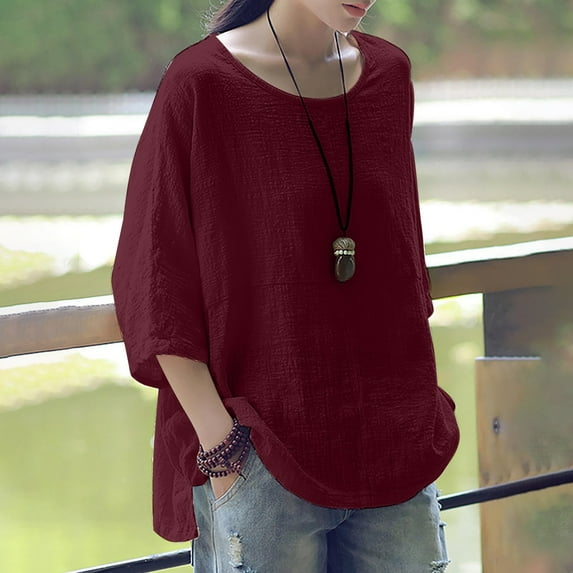 Cuoff Blouses for Women Casual Solid Color Loose Cotton Linen Medium Sleeve Large Size Womens Tops Wine 3X