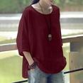 thumbnail image 1 of Cuoff Blouses for Women Casual Solid Color Loose Cotton Linen Medium Sleeve Large Size Womens Tops Wine L, 1 of 5
