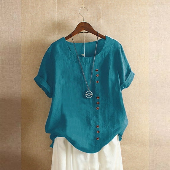Cuoff Blouses for Women Fashion Casual Temperament Round Neck Vintage Cotton and Hemp Solid Button Short Sleeve T-Shirt Womens Tops Dark Green 1X