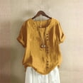 thumbnail image 1 of Cuoff Blouses for Women Fashion Casual Temperament Round Neck Vintage Cotton and Hemp Solid Button Short Sleeve T-Shirt Womens Tops Ginger 4X, 1 of 5