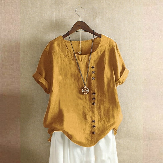 Cuoff Blouses for Women Fashion Casual Temperament Round Neck Vintage Cotton and Hemp Solid Button Short Sleeve T-Shirt Womens Tops Ginger 4X