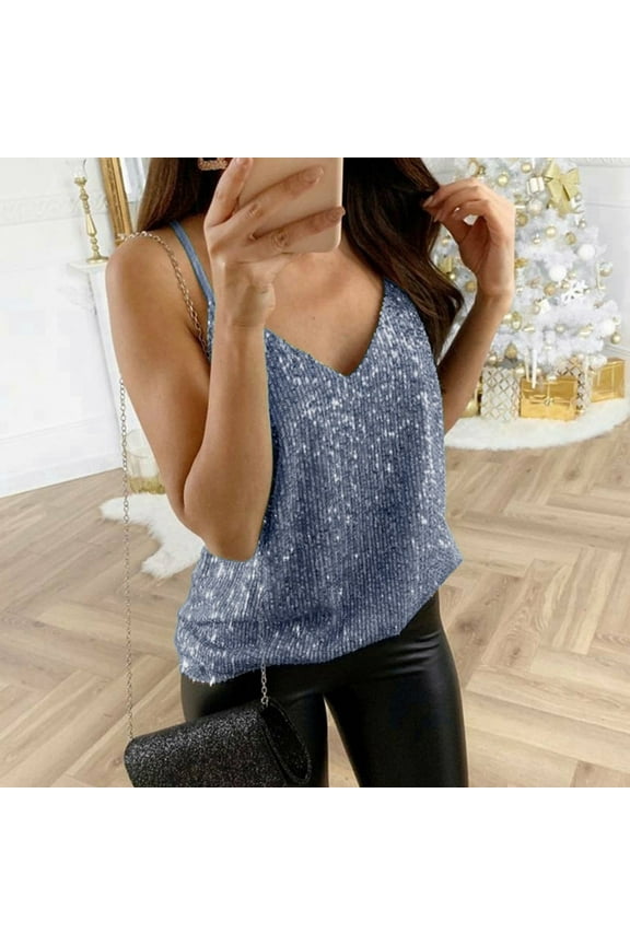 Cuoff Blouses for Women Glitter Strappy Tank Ladies Sexy Cami Swing Vest Clubwear Womens Tops Blue M