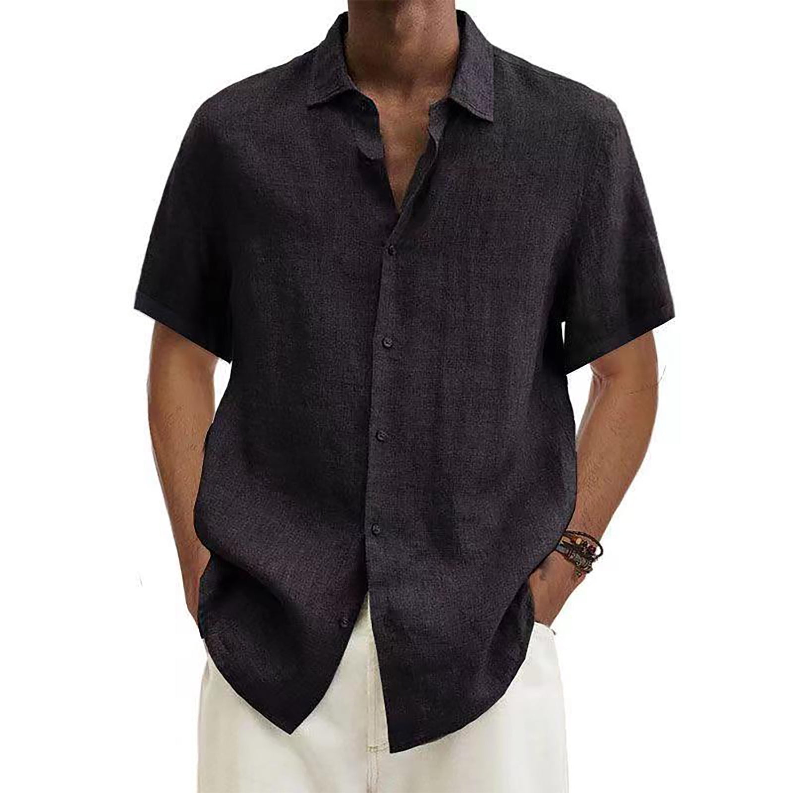 Cuoff Designer Spring Summer Men's Casual Cotton Linen Solid Color Short Sleeve Shirts Loose Shirts Black 2X