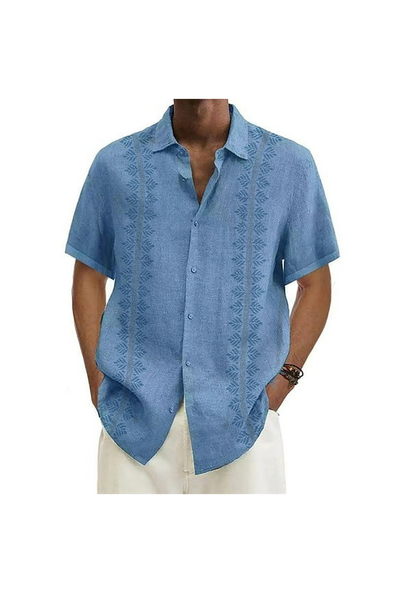 Cuoff Designer Spring Summer Men's Casual Cotton Linen Solid Color Short Sleeve Shirts Loose Shirts Blue 1X