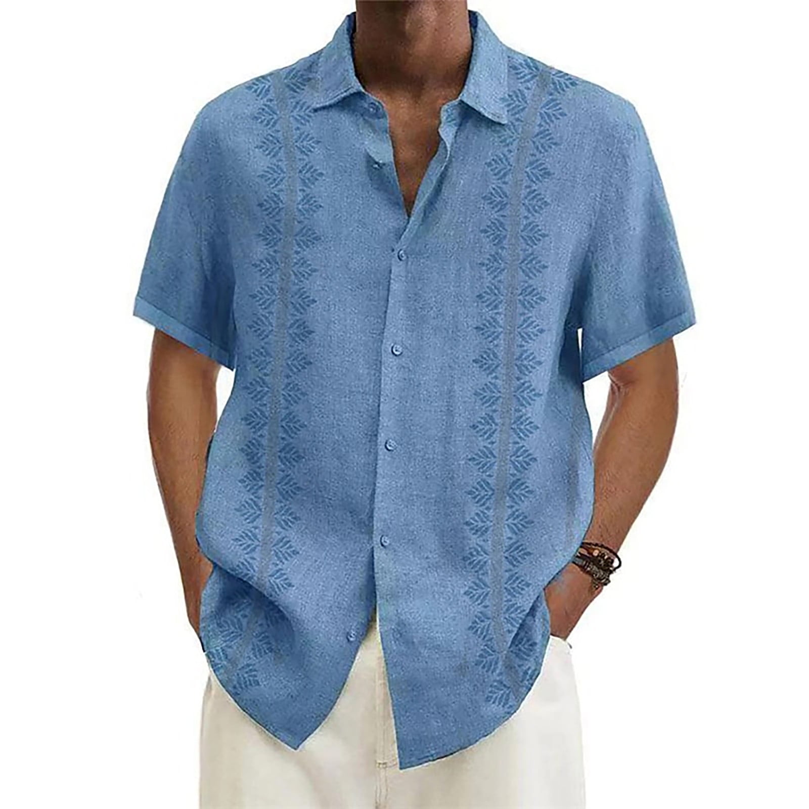 Cuoff Designer Spring Summer Men's Casual Cotton Linen Solid Color Short Sleeve Shirts Loose Shirts Blue 3X