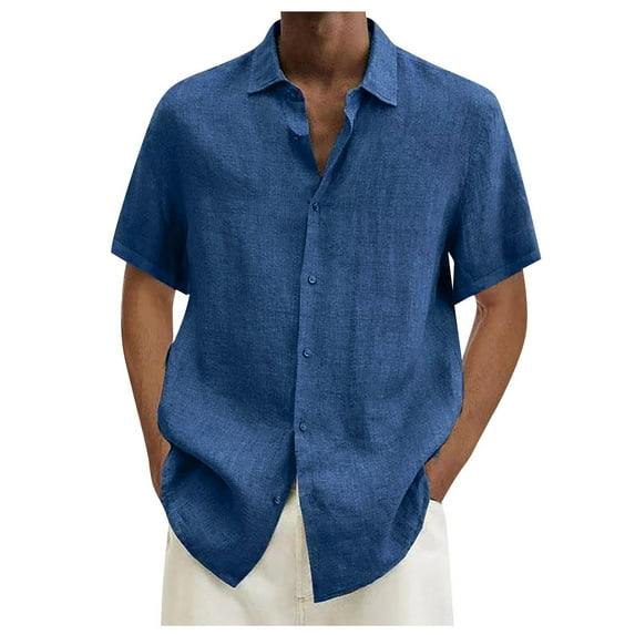 Cuoff Designer Spring Summer Men's Casual Cotton Linen Solid Color Short Sleeve Shirts Loose Shirts Blue L